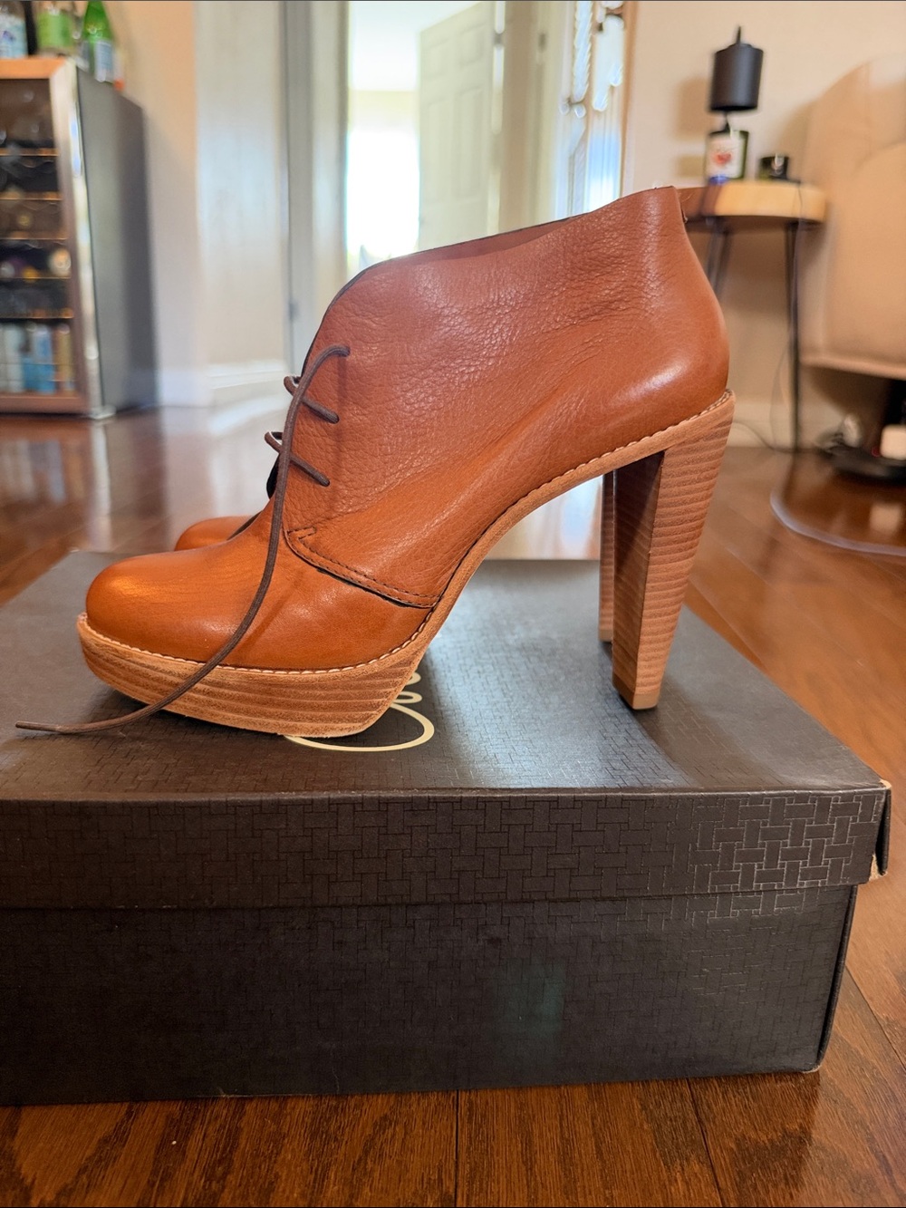 Cole Haan Tan Leather Lace-Up Platform Heel Boot